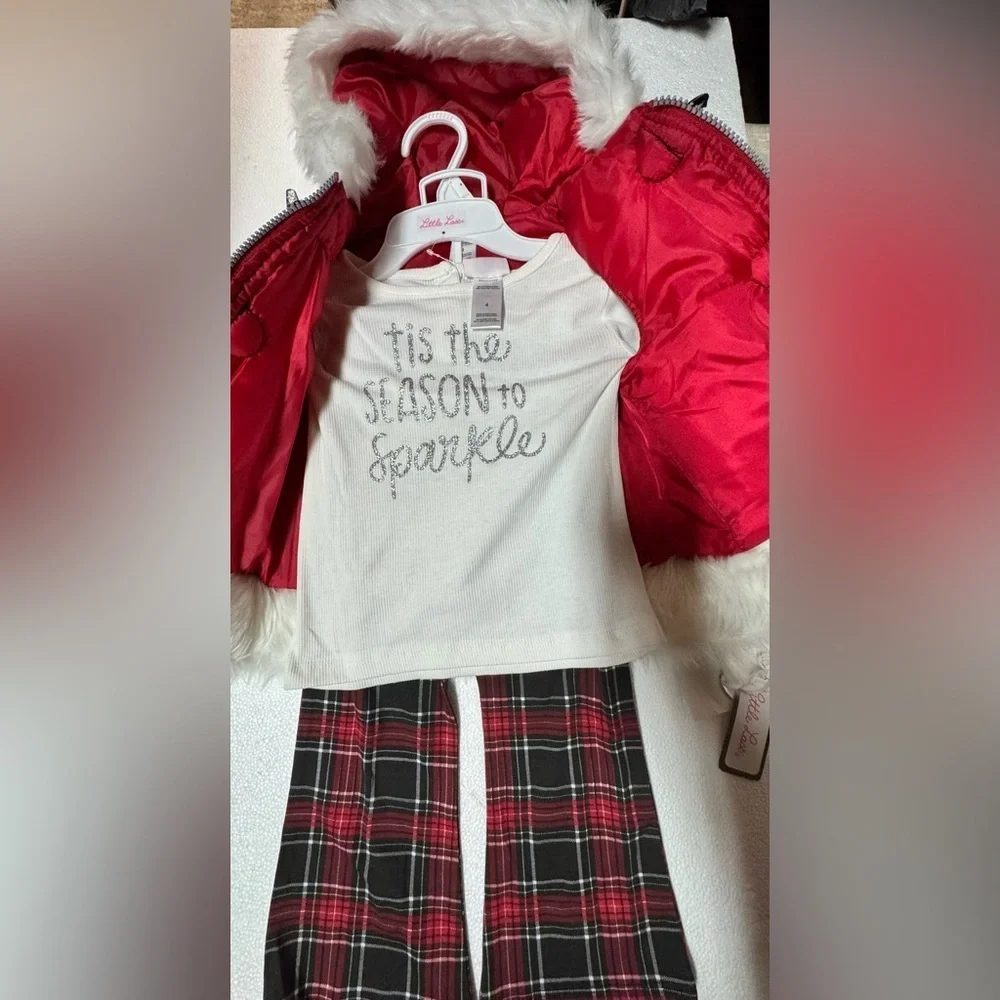 Little Lass 3 Pcs Faux Fur Hooded Jacket & Shirt + Plaid Pants